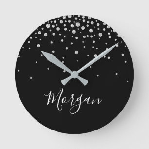 DIY Name White Script & White Diamonds, Black Runde Wanduhr