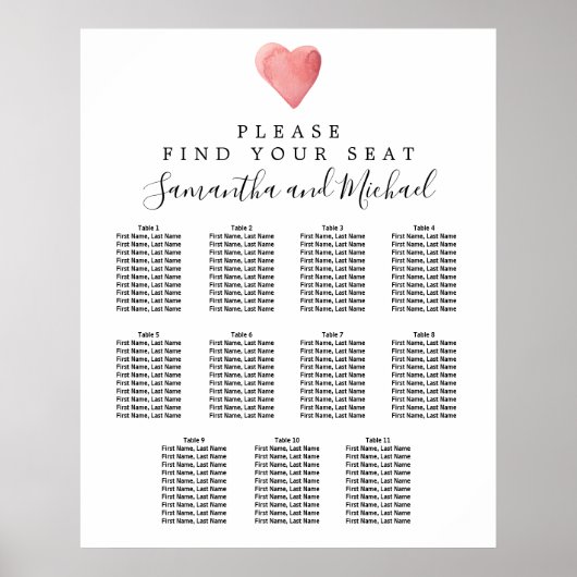 DIY Red Heart 11-Table Hochzeitstabelle Poster (Vorne)