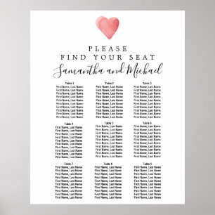 DIY Red Heart 9 Table Wedding Seating Chart Poster