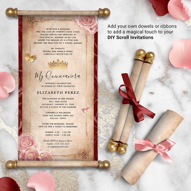 DIY Rose Gold Quinceanera Scroll Einladungen (How will you present your DIY scrolls? There are so many creative possibilities!)