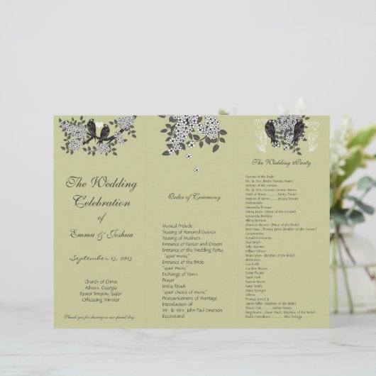 DIY Vintag Birds Branch TriFold Hochzeitsprogramm (Stehend Vorderseite)