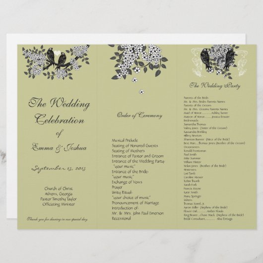 DIY Vintag Birds Branch TriFold Hochzeitsprogramm (Vorne/Hinten)
