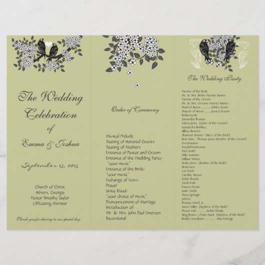 DIY Vintage Vögel Zweig TriFold Hochzeitsprogramm (Vorderseite)