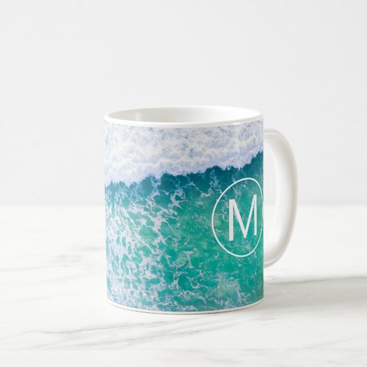 DIY White Monogram in Circle, Beach Waves Kaffeetasse (VorderseiteRechts)