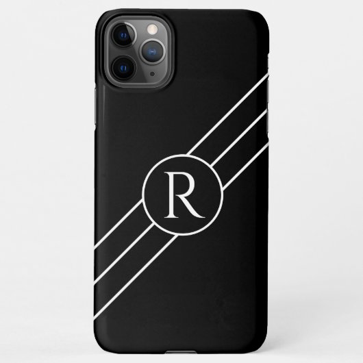 DIY White Monogram in Circle, Diagonal Lines Black iPhone Hülle (Rückseite)