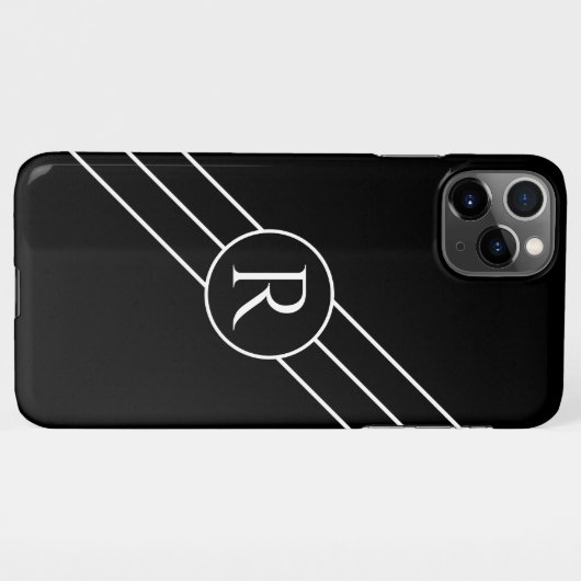 DIY White Monogram in Circle, Diagonal Lines Black iPhone Hülle (Rückseite (Horizontal))