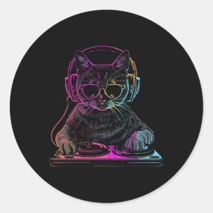 Dj Cat Edm Techno House Musik Funny Cat Lover Runder Aufkleber