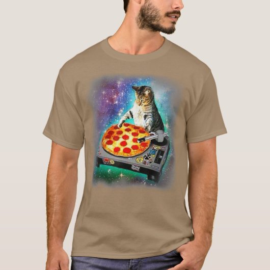 DJ Cat isst Pizza in der Galaxie T-Shirt (Vorderseite)