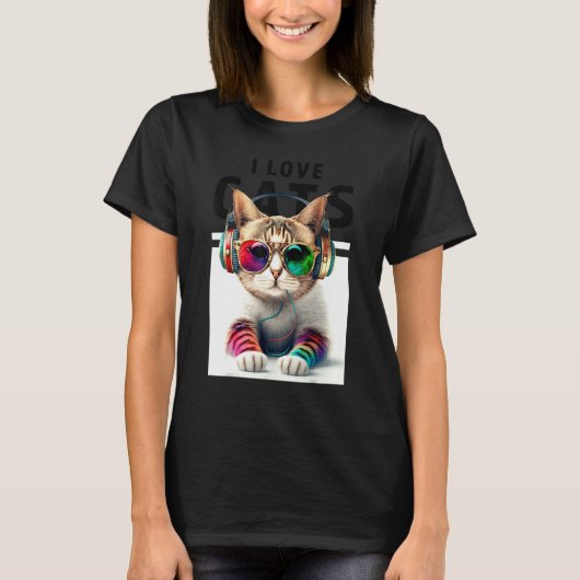 DJ Cat mit Cooler Style Sonnenbrille Headphone Mus T-Shirt (Vorderseite)