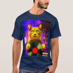 DJ Cat on Synthesizer in Space Vinyl Record T-Shirt