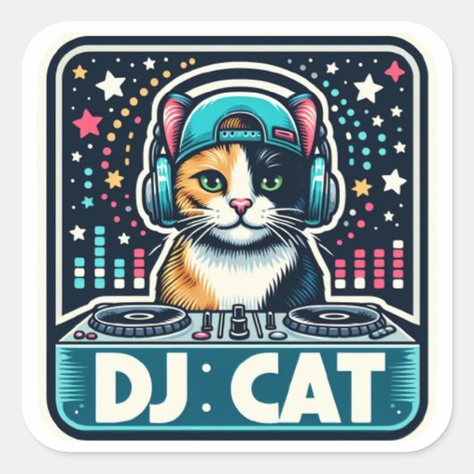 DJ Cat Quadratischer Aufkleber (Vorderseite)