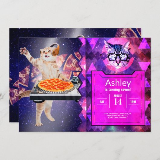 DJ Cat Turntable Mixer Einladung (Vorne/Hinten)