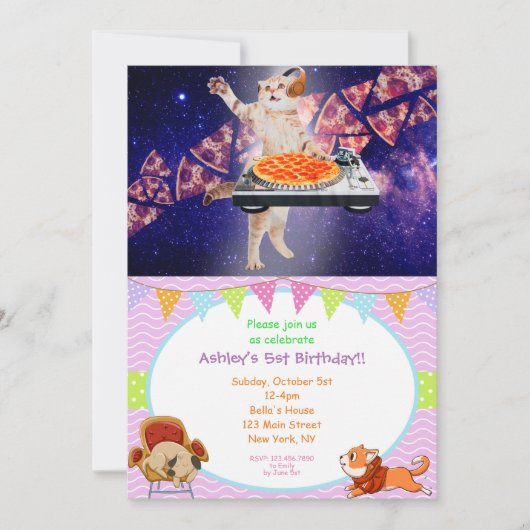 DJ Cat Turntable Mixer Einladung (Vorderseite)