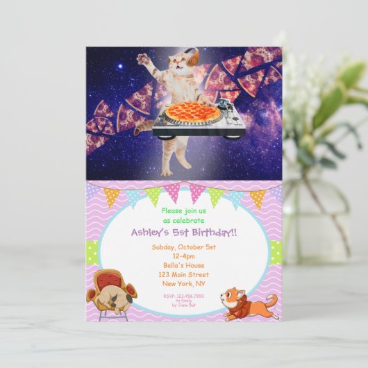 DJ Cat Turntable Mixer Einladung (Stehend Vorderseite)