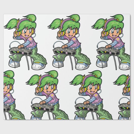 DJ Girl mit Green Hair und Kopfhörer Geschenkpapier (Flach)