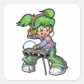 DJ Girl mit Green Hair und Kopfhörer Quadratischer Aufkleber (Vorderseite)