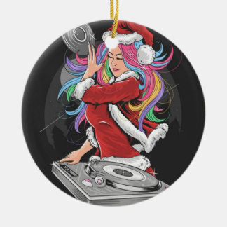 DJ GIRL MIT RAINBOW HAAR IN SANTA ANZUG KERAMIK ORNAMENT