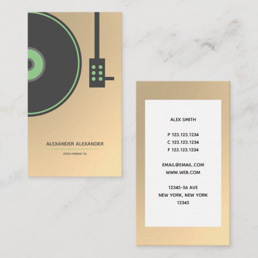 DJ Gold Imitats & Green Turntable Minimalistisch Visitenkarte (Vorne/Hinten)