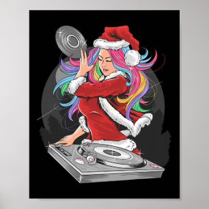 Dj Mädchen mit Regenbogenhaar im Santa-Outfit Weih Poster