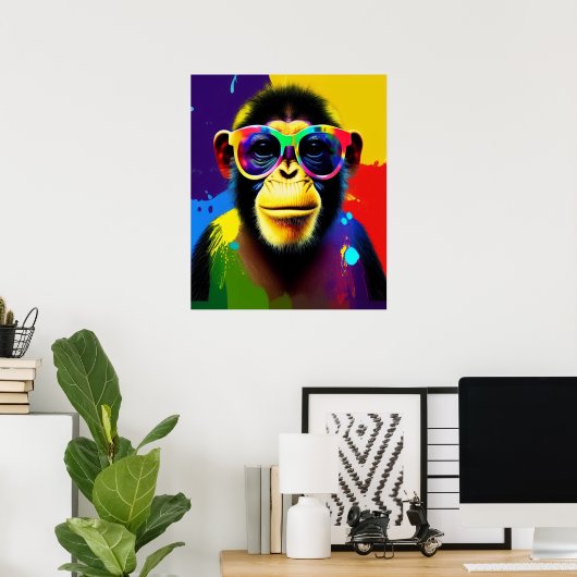 DJ Monkey Print, Stilvolle Farbbrille, Chimp Poster (Heimbüro)