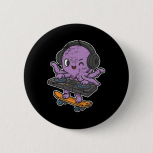 Dj Octopus Skate Retro Cartoon Button