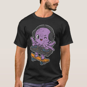Dj Octopus Skate Retro Cartoon T-Shirt