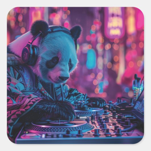 DJ Panda mit Kopfhörern Quadratischer Aufkleber (Vorderseite)