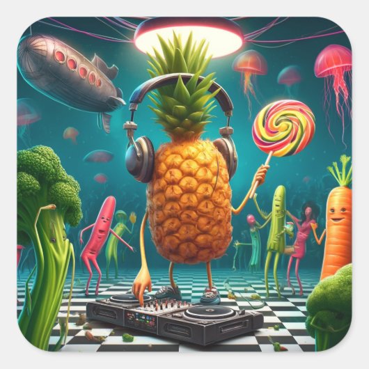 DJ Pineapple Party in einer Surreal Underwater Dis Quadratischer Aufkleber (Vorderseite)