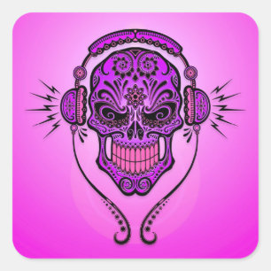 DJ Sugar Skull - Lila Quadratischer Aufkleber