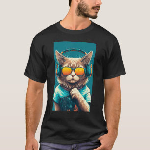 DJ Vintag 80er Katzenkätzchen mit Sonnenbrille und T-Shirt