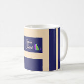 Dk Blau + Creme Streifen Grüne Katze Kaffeetasse (VorderseiteRechts)