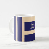 Dk Blau + Creme Streifen Grüne Katze Kaffeetasse (Vorderseite Links)
