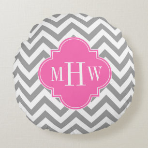 Dk Grau Lg Chevron Hot Pink Quatrefoil 3 Monogramm Rundes Kissen