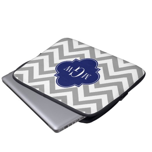 Dk Grau Lg Zickzack Navy Quatrefolie 3 Monogramm Laptopschutzhülle (Vorne Knopf)