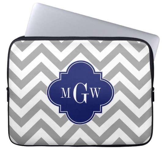 Dk Grau Lg Zickzack Navy Quatrefolie 3 Monogramm Laptopschutzhülle (Vorderseite)