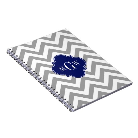 Dk Grau Lg Zickzack Navy Quatrefolie 3 Monogramm Notizblock (Rechte Seite)