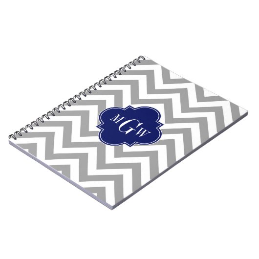 Dk Grau Lg Zickzack Navy Quatrefolie 3 Monogramm Notizblock (Linke Seite)