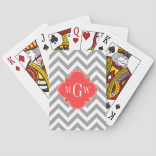 Dk Gray Lg Zickzack Coral Red Quatrefolie 3 Monogr Spielkarten