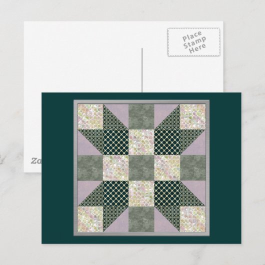 Dk Green & Lavender Star Patch Quilt Postkarte (Vorne/Hinten)