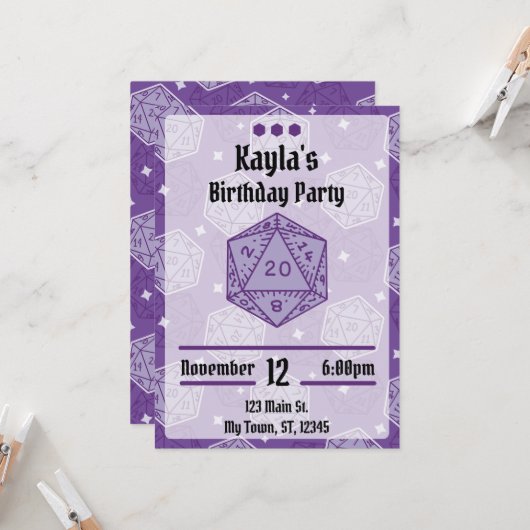 DnD Geburtstagsparty DnD D20 Dice Einladung (Vorderseite/Rückseite Beispiel)