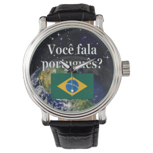 Do you speak Portuguese? in Portuguese. Flag earth Armbanduhr