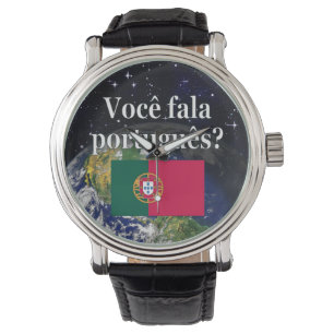 Do you speak Portuguese? in Portuguese. Flag earth Armbanduhr