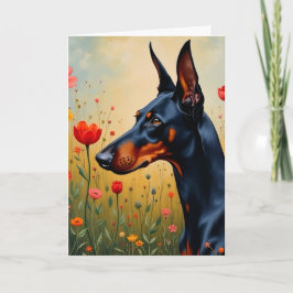 Doberman auf einem Gebiet der Blume Karte