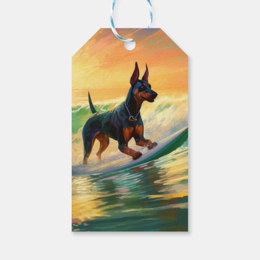 Doberman Beach Surfing Painting Geschenkanhänger (Rückseite)