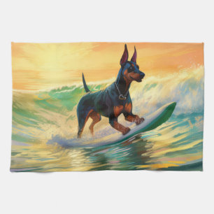 Doberman Beach Surfing Painting Geschirrtuch