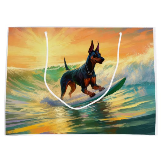Doberman Beach Surfing Painting Große Geschenktüte (Vorderseite)
