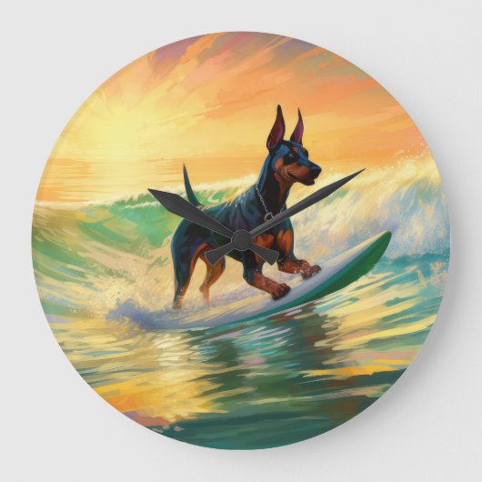 Doberman Beach Surfing Painting Große Wanduhr (Vorderseite)