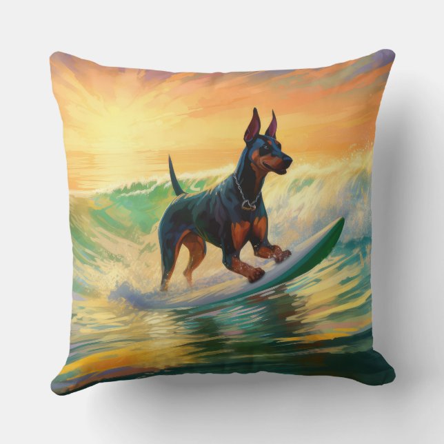 Doberman Beach Surfing Painting Kissen (Rückseite)
