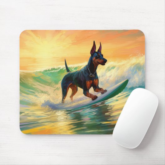 Doberman Beach Surfing Painting Mousepad (Mit Mouse)