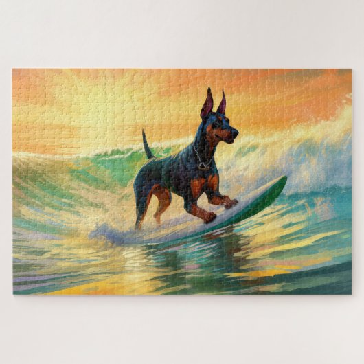 Doberman Beach Surfing Painting Puzzle (Horizontal)